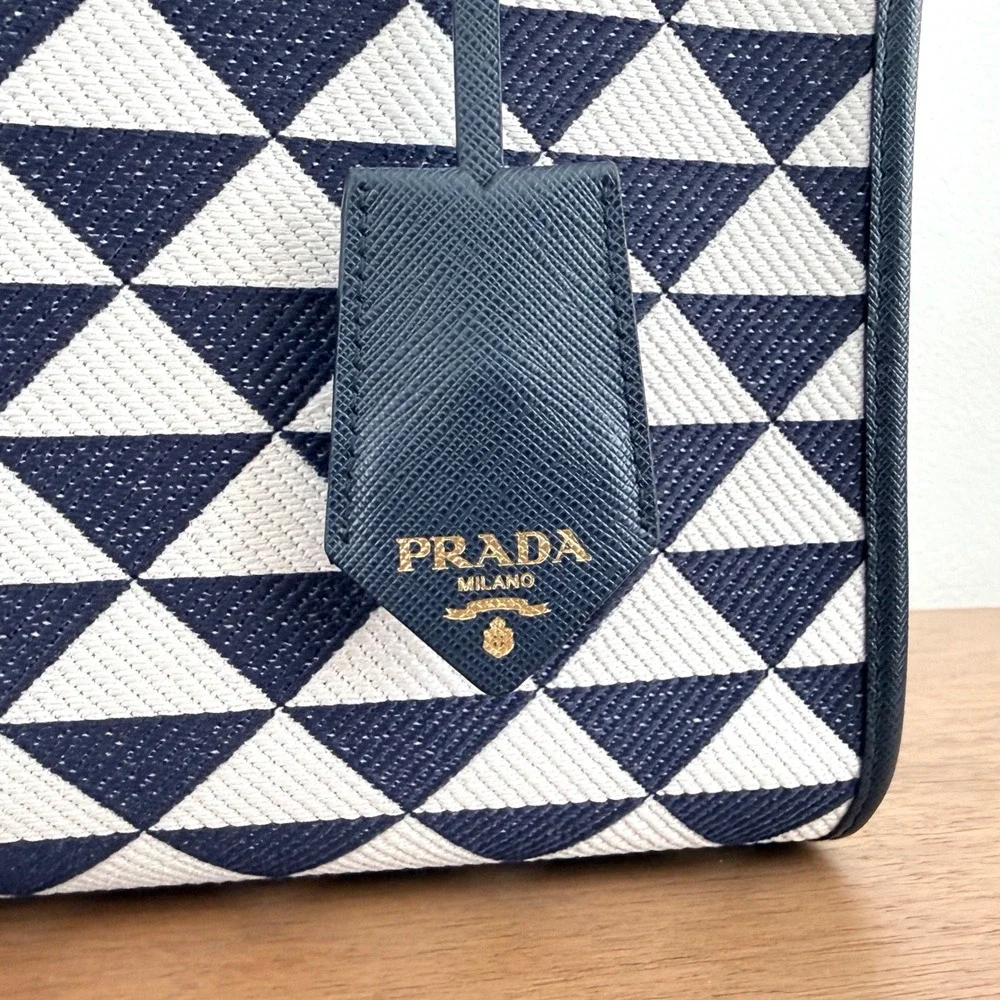Prada Milano 1BA354 Symbole Jacquard Tote Blue White Triangle Pattern Bag Italy